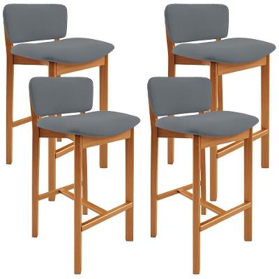 Kit 4 Banquetas Dara L02 Assento Tecido Base Madeira com Encosto Cinza para Cozinha