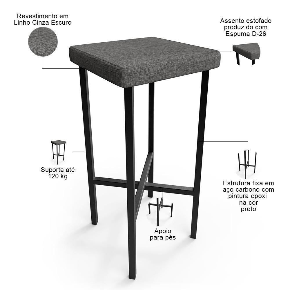 Kit 04 Banquetas Alta Bar Cozinha Sala De Jantar Preto Stella L02 Linho Cinza Escuro - Lyam Decor - 4