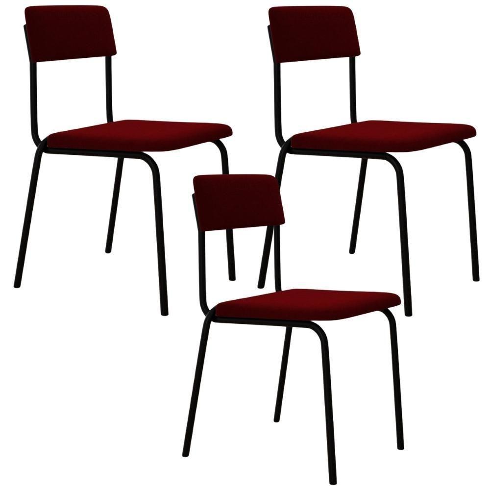 Kit 03 Cadeiras Estofada Para Sala De Jantar Sense Preto C01 Veludo Vermelho Vinho - Lyam Decor - 1