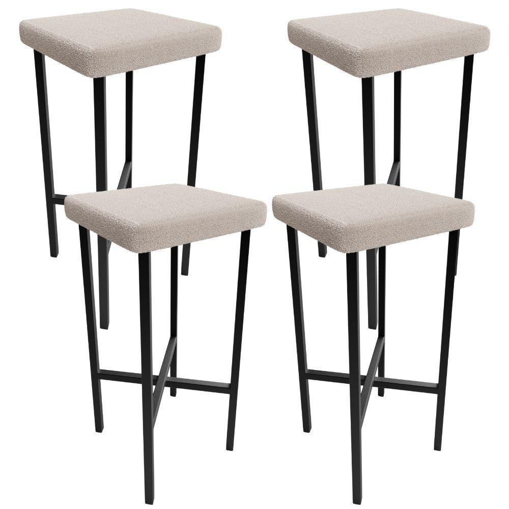 Kit 04 Banquetas Alta Bar Cozinha Sala De Jantar Preto Stella L02 Bouclê Creme - Lyam Decor - 1