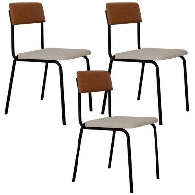 Kit 03 Cadeiras Estofada Para Sala De Jantar Sense Preto C01 Linho Palha Courino Caramelo - Lyam Decor