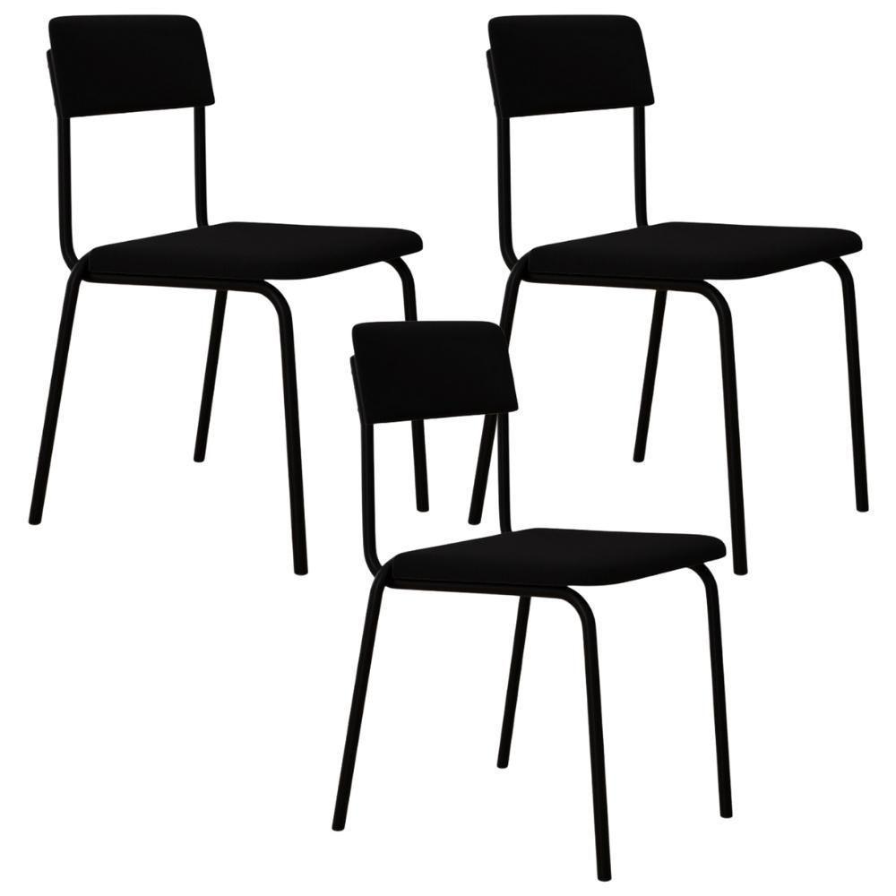 Kit 03 Cadeiras Estofada Para Sala De Jantar Sense Preto C01 Linho Preto - Lyam Decor - 1
