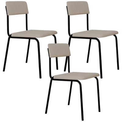 Kit 03 Cadeiras Estofada Para Sala De Jantar Sense Preto C01 Linho Palha - Lyam Decor