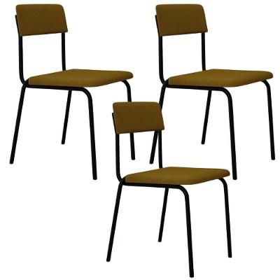 Kit 03 Cadeiras Estofada Para Sala De Jantar Sense Preto C01 Linho Mostarda - Lyam Decor