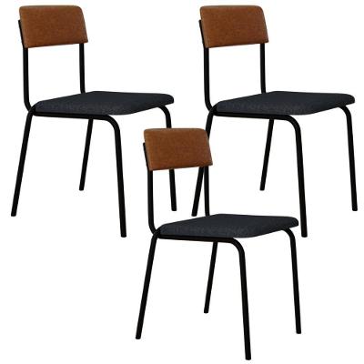 Kit 03 Cadeiras Estofada Para Sala De Jantar Sense Preto C01 Linho Cinza Courino Caramelo - Lyam Decor