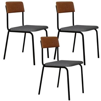 Kit 03 Cadeiras Estofada Para Sala De Jantar Sense Preto C01 Linho Cinza Claro Courino Caramelo - Lyam Decor