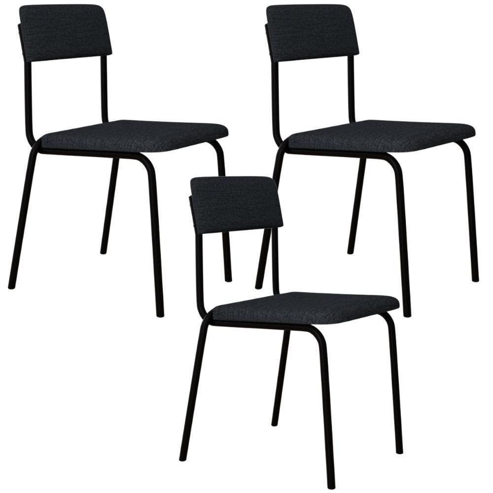 Kit 03 Cadeiras Estofada Para Sala De Jantar Sense Preto C01 Linho Cinza - Lyam Decor - 1