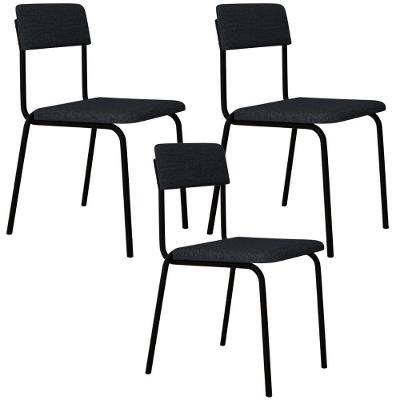 Kit 03 Cadeiras Estofada Para Sala De Jantar Sense Preto C01 Linho Cinza - Lyam Decor