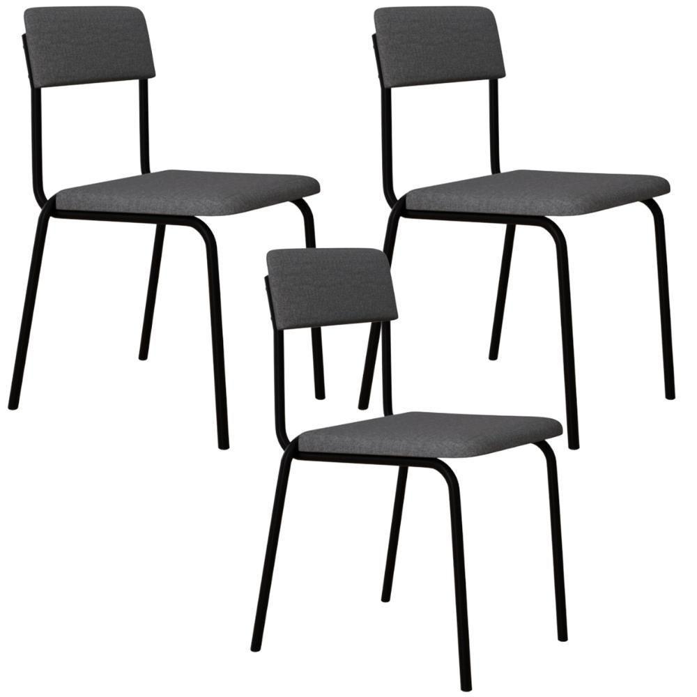 Kit 03 Cadeiras Estofada Para Sala De Jantar Sense Preto C01 Linho Cinza Claro - Lyam Decor - 1