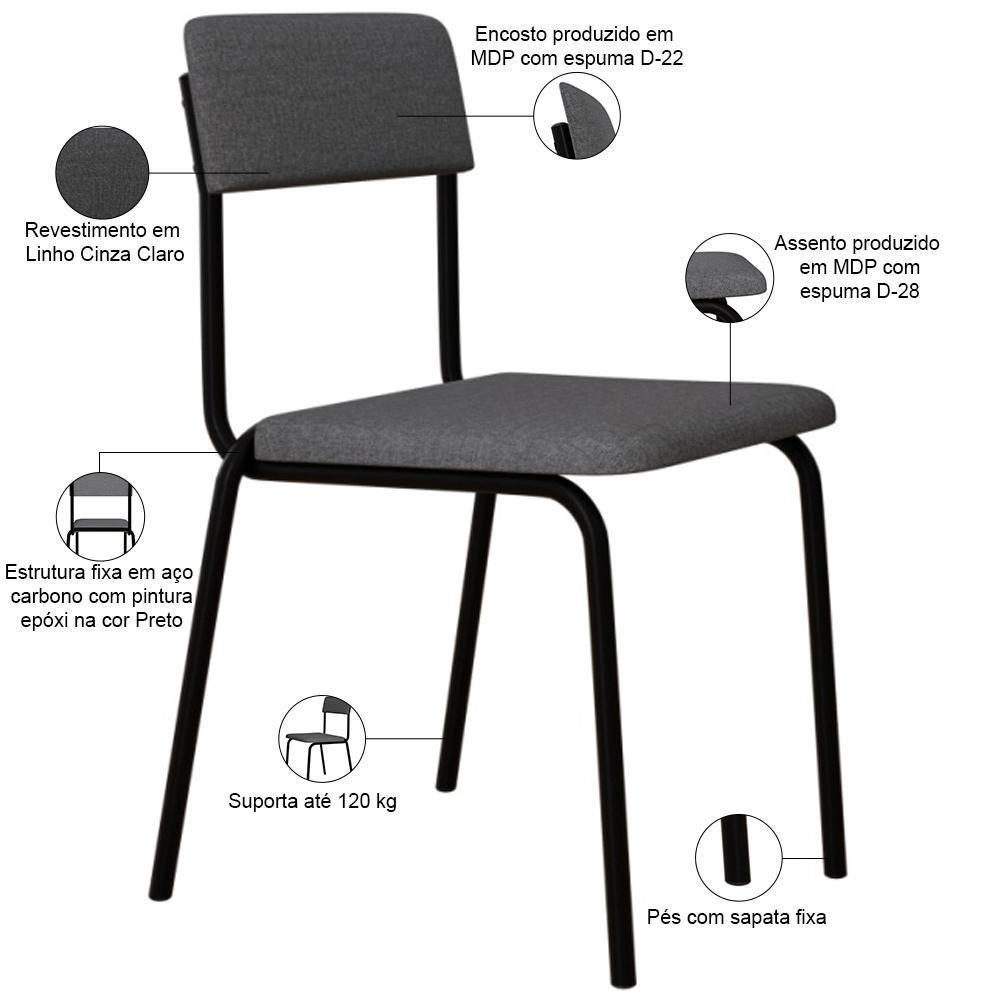 Kit 03 Cadeiras Estofada Para Sala De Jantar Sense Preto C01 Linho Cinza Claro - Lyam Decor - 4