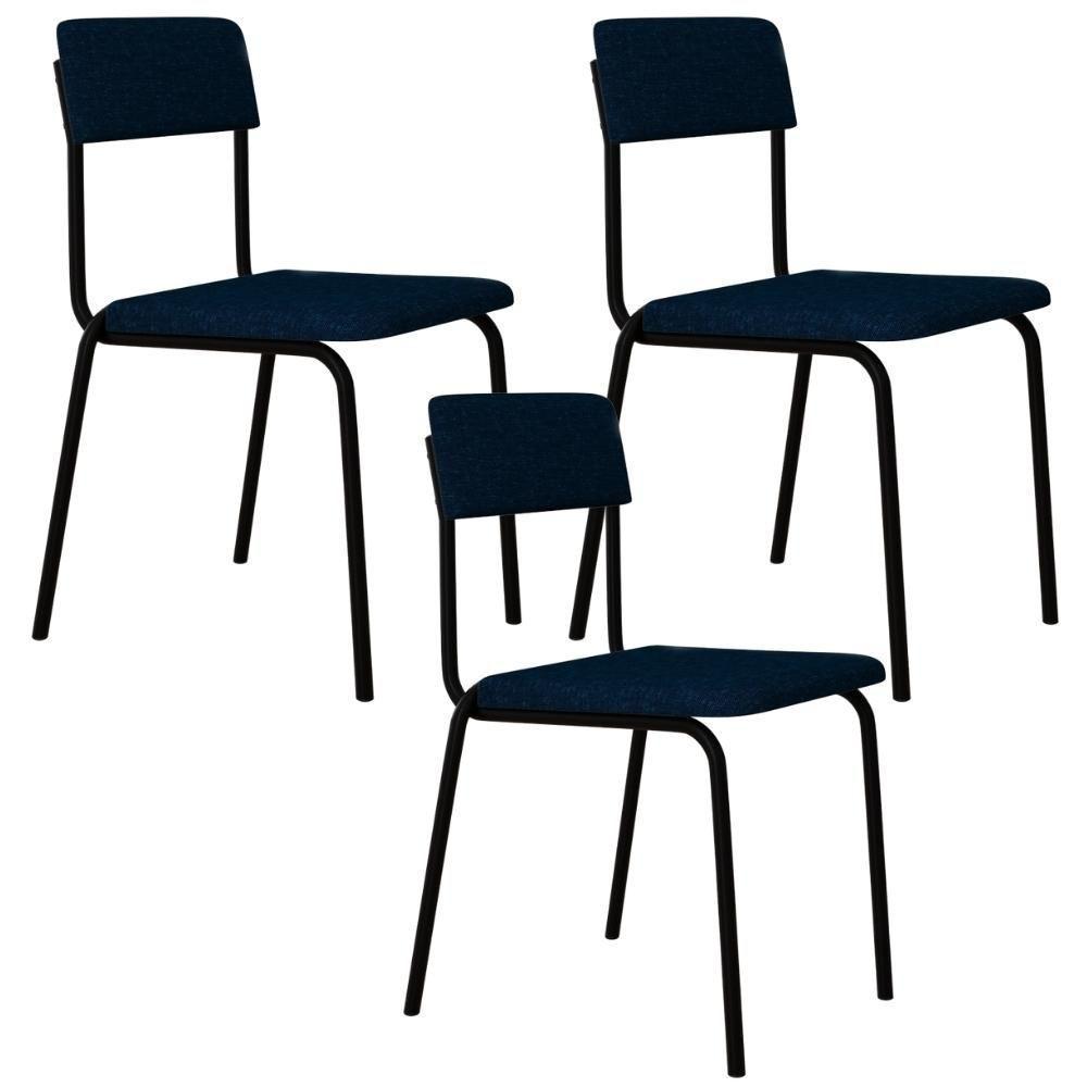 Kit 03 Cadeiras Estofada Para Sala De Jantar Sense Preto C01 Linho Azul Escuro - Lyam Decor - 1