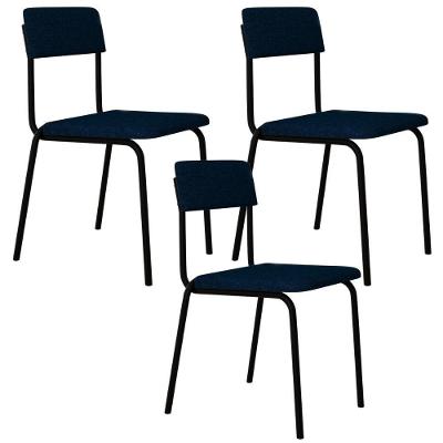 Kit 03 Cadeiras Estofada Para Sala De Jantar Sense Preto C01 Linho Azul Escuro - Lyam Decor