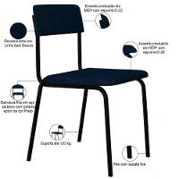 Kit 03 Cadeiras Estofada Para Sala De Jantar Sense Preto C01 Linho Azul Escuro - Lyam Decor