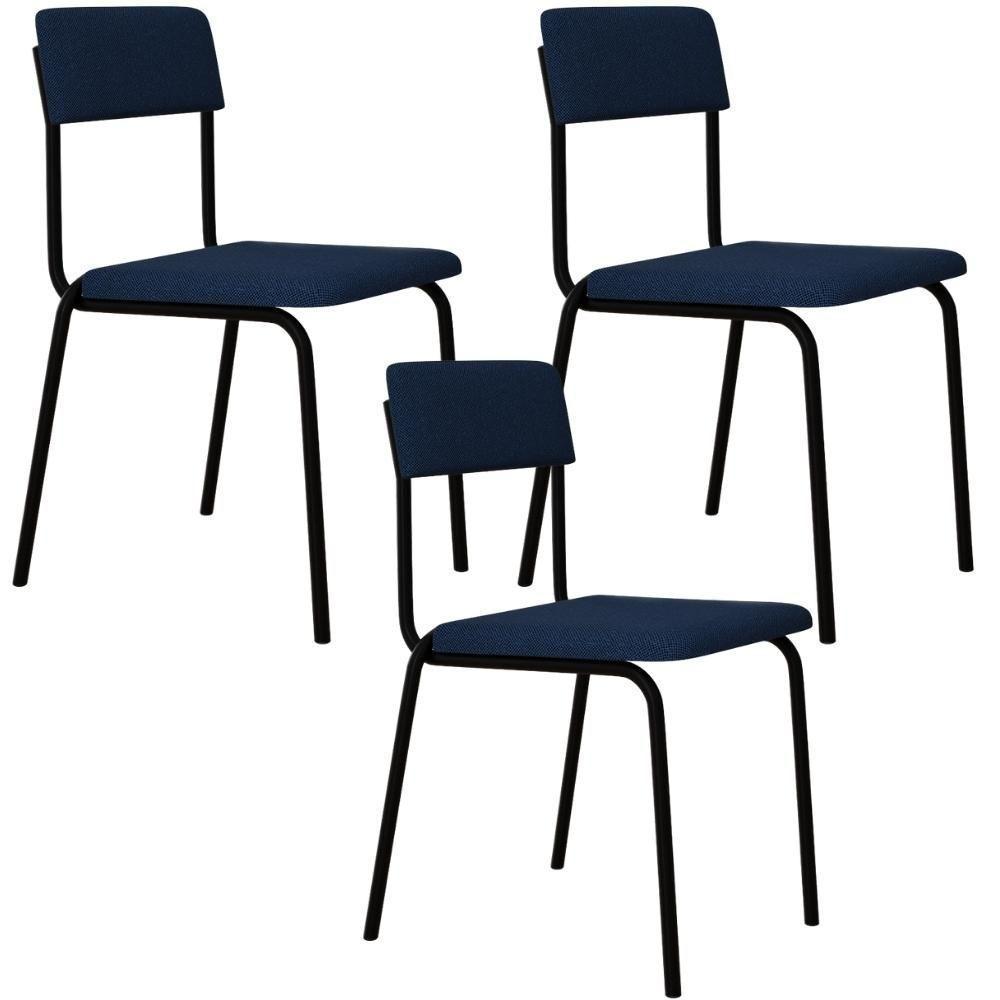 Kit 03 Cadeiras Estofada Para Sala De Jantar Sense Preto C01 Linho Azul - Lyam Decor - 1