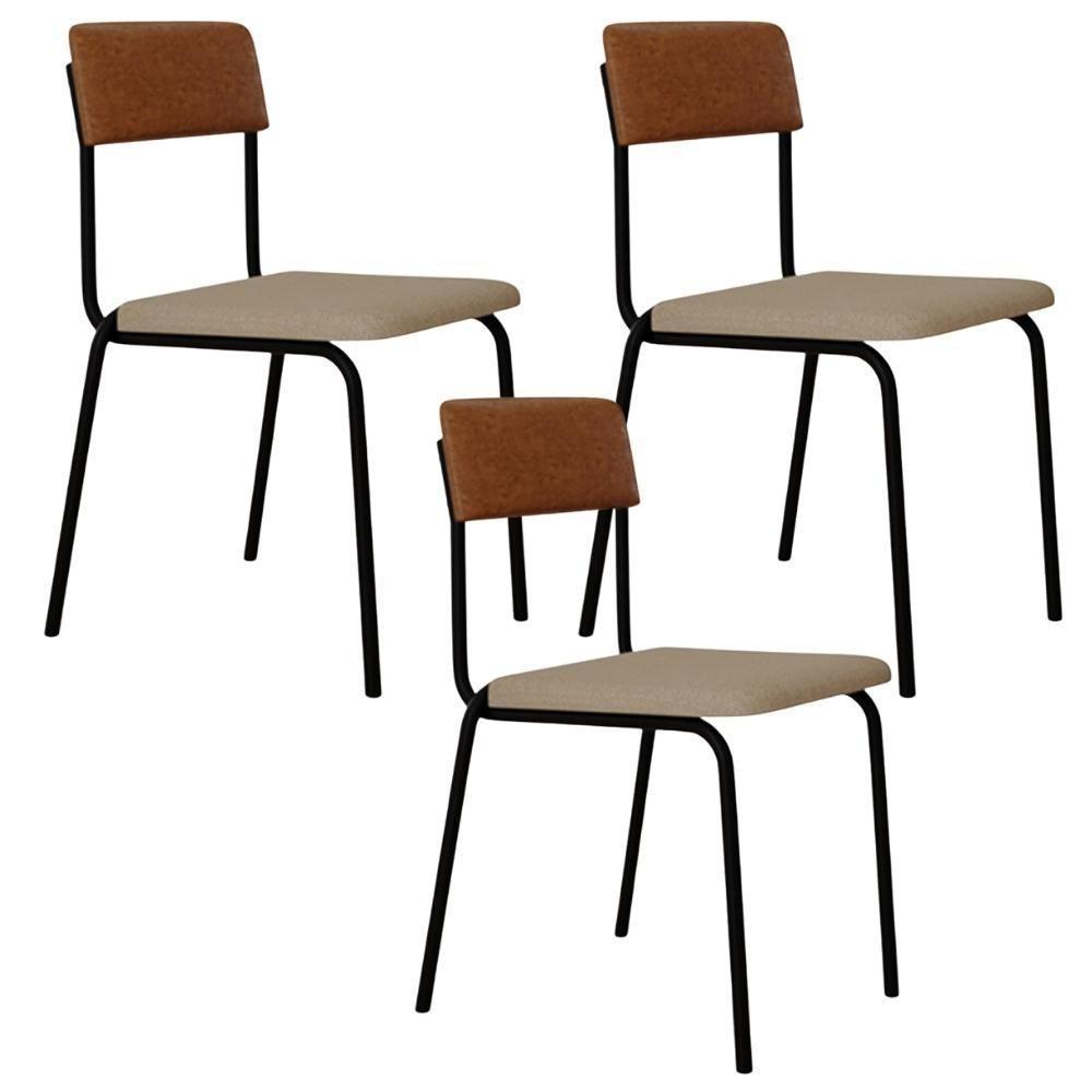 Kit 03 Cadeiras Estofada Para Sala De Jantar Sense Preto C01 Linho Areia Courino Caramelo - Lyam Decor - 1