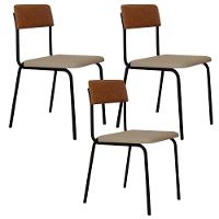 Kit 03 Cadeiras Estofada Para Sala De Jantar Sense Preto C01 Linho Areia Courino Caramelo - Lyam Decor - 1