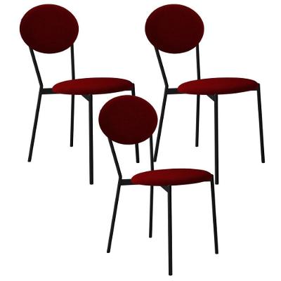 Kit 03 Cadeiras Estofada Para Sala De Jantar Azuri Preto C01 Veludo Vermelho Vinho - Lyam Decor