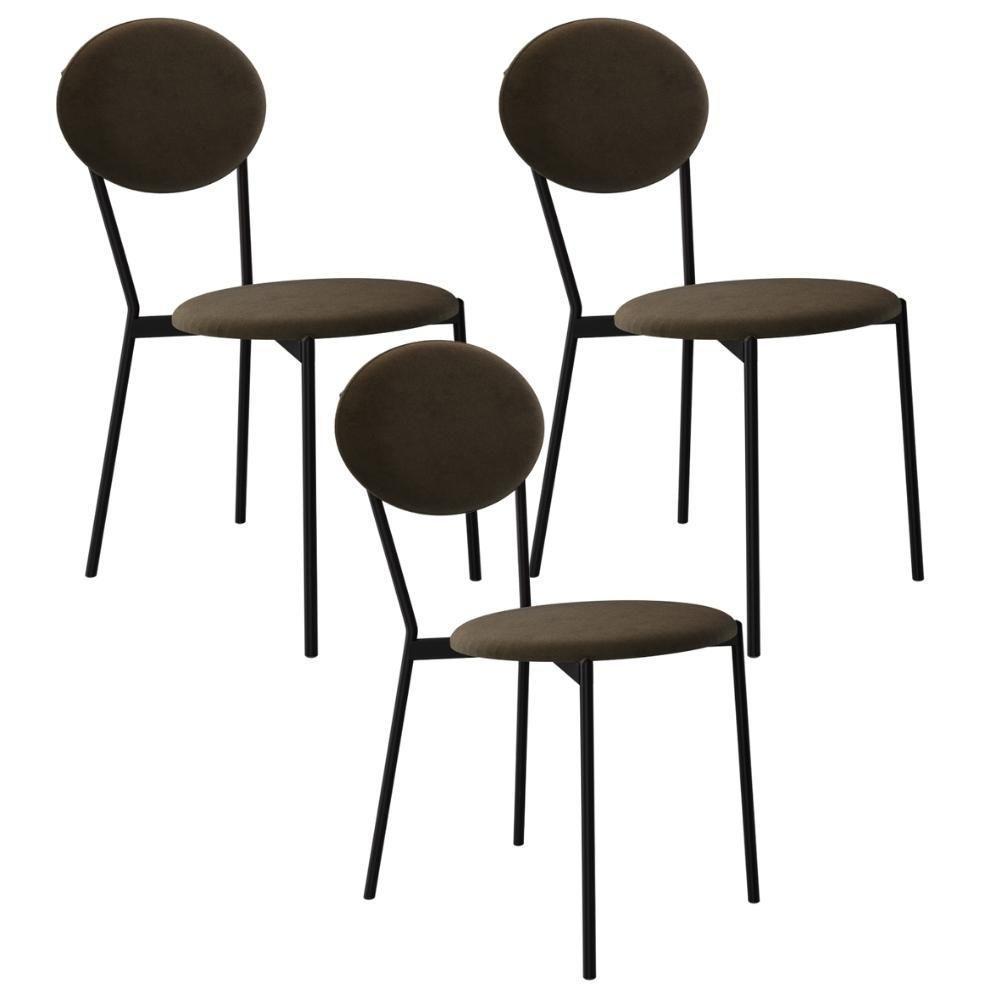 Kit 03 Cadeiras Estofada Para Sala De Jantar Azuri Preto C01 Veludo Marrom Sand - Lyam Decor - 1