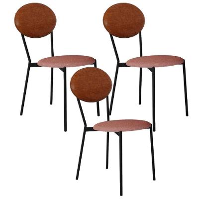 Kit 03 Cadeiras Estofada Para Sala De Jantar Azuri Preto C01 Linho Rosê Courino Caramelo - Lyam Decor