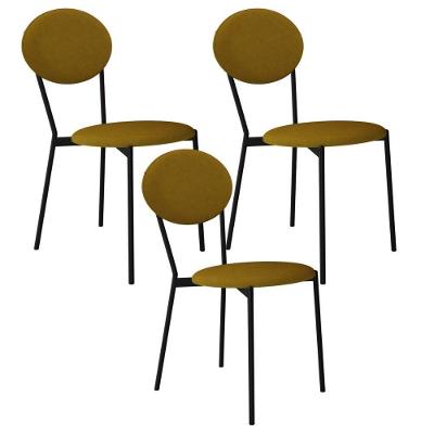Kit 03 Cadeiras Estofada Para Sala De Jantar Azuri Preto C01 Linho Mostarda - Lyam Decor