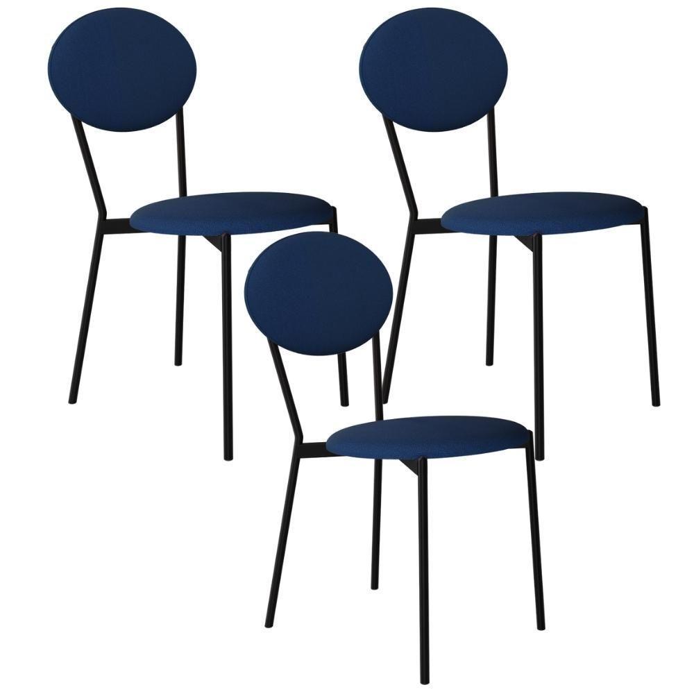 Kit 03 Cadeiras Estofada Para Sala De Jantar Azuri Preto C01 Linho Azul - Lyam Decor - 1