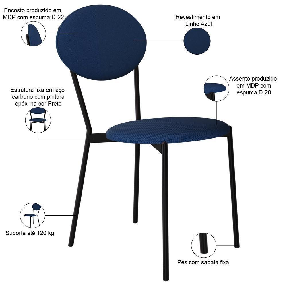 Kit 03 Cadeiras Estofada Para Sala De Jantar Azuri Preto C01 Linho Azul - Lyam Decor - 4