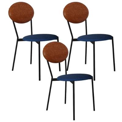 Kit 03 Cadeiras Estofada Para Sala De Jantar Azuri Preto C01 Linho Azul Courino Caramelo - Lyam Decor