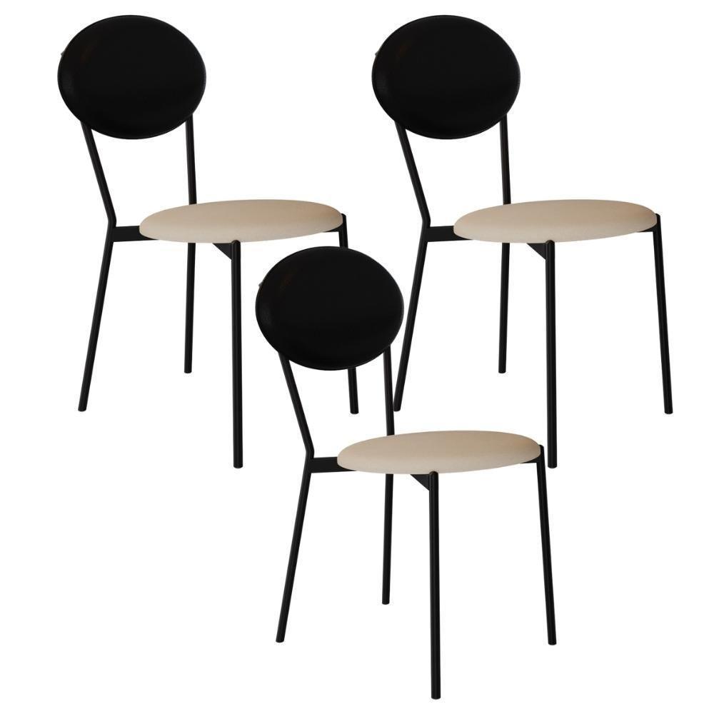 Kit 03 Cadeiras Estofada Para Sala De Jantar Azuri Preto C01 Linho Areia Courino Preto - Lyam Decor - 1