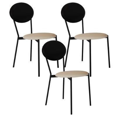 Kit 03 Cadeiras Estofada Para Sala De Jantar Azuri Preto C01 Linho Areia Courino Preto - Lyam Decor