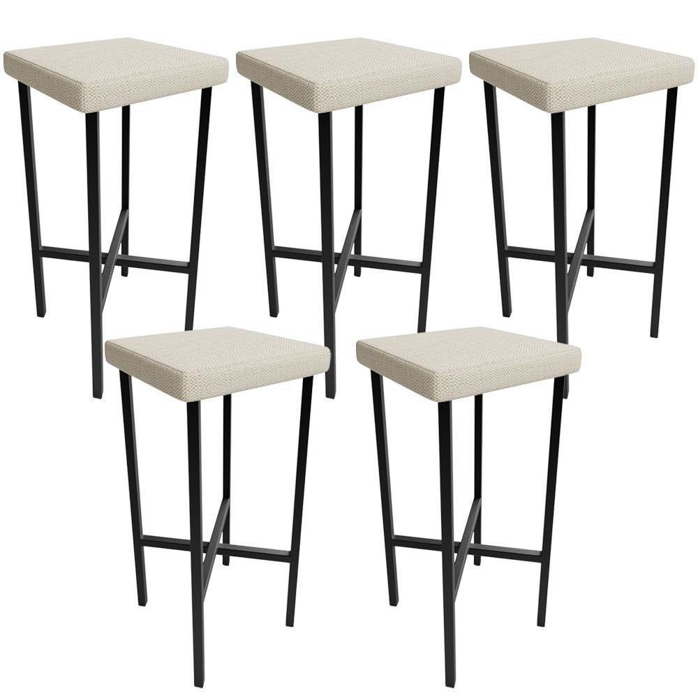 Kit 05 Banquetas Alta Bar Cozinha Sala De Jantar Preto Stella L02 Linho Champagne - Lyam Decor - 1