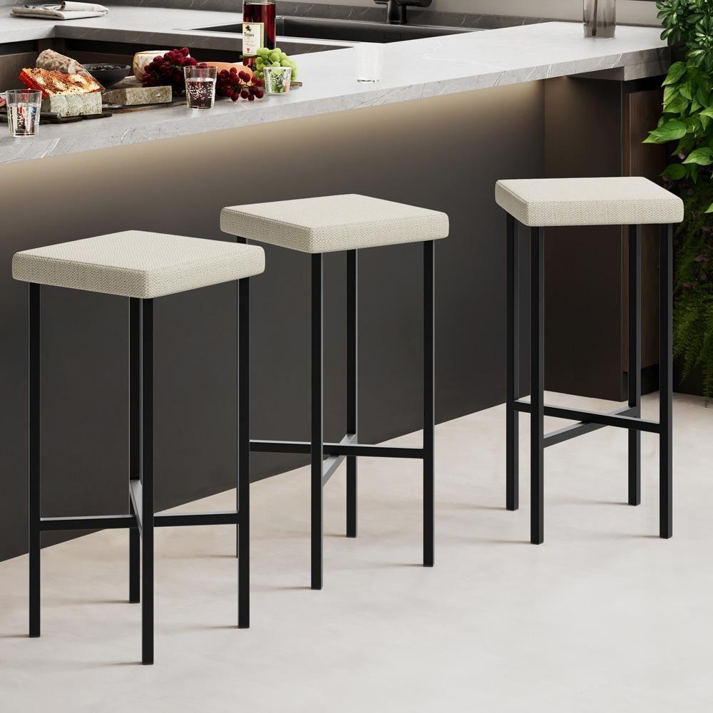 Kit 05 Banquetas Alta Bar Cozinha Sala De Jantar Preto Stella L02 Linho Champagne - Lyam Decor - 2