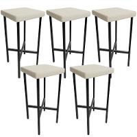 Kit 05 Banquetas Alta Bar Cozinha Sala De Jantar Preto Stella L02 Linho Champagne - Lyam Decor - 1