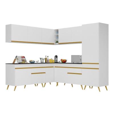 Armário de Cozinha Completa de Canto Veneza V2066 12 Portas 2 Gavetas MDF Branco-dourado