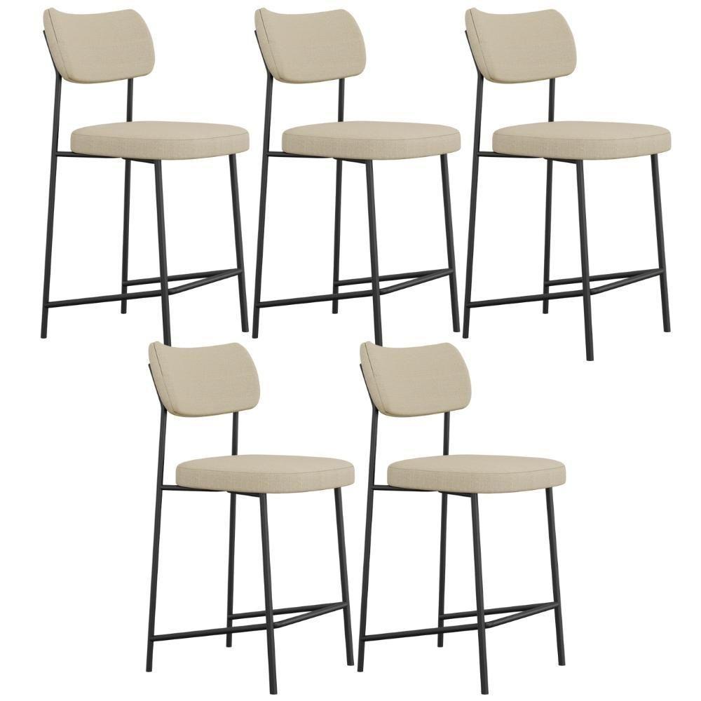 Kit 05 Banquetas Baixa Bar Cozinha Sala De Jantar Preto Elira L02 Linho Bege Escuro - Lyam Decor - 1