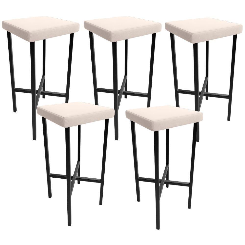 Kit 05 Banquetas Alta Bar Cozinha Sala De Jantar Preto Stella L02 Suede Bege - Lyam Decor - 1