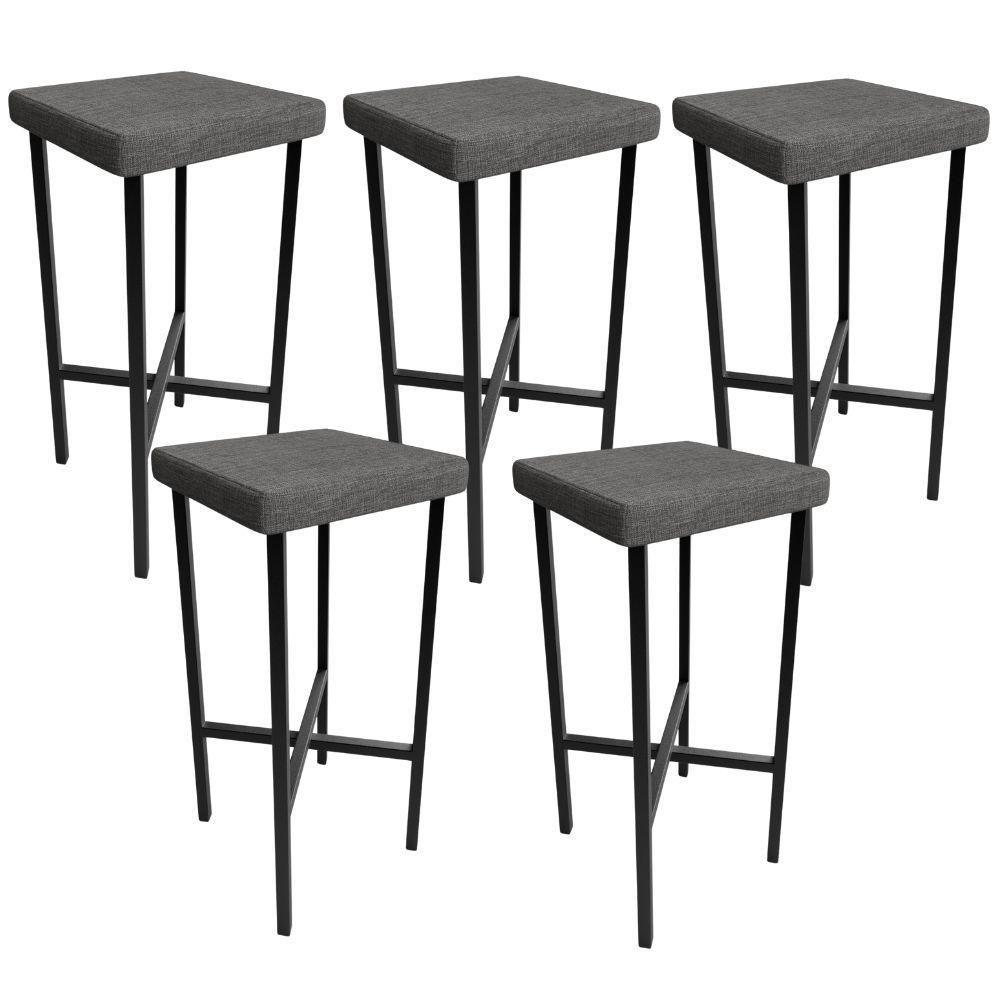 Kit 05 Banquetas Alta Bar Cozinha Sala De Jantar Preto Stella L02 Linho Cinza Escuro - Lyam Decor - 1