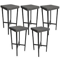 Kit 05 Banquetas Alta Bar Cozinha Sala De Jantar Preto Stella L02 Linho Cinza Escuro - Lyam Decor - 1