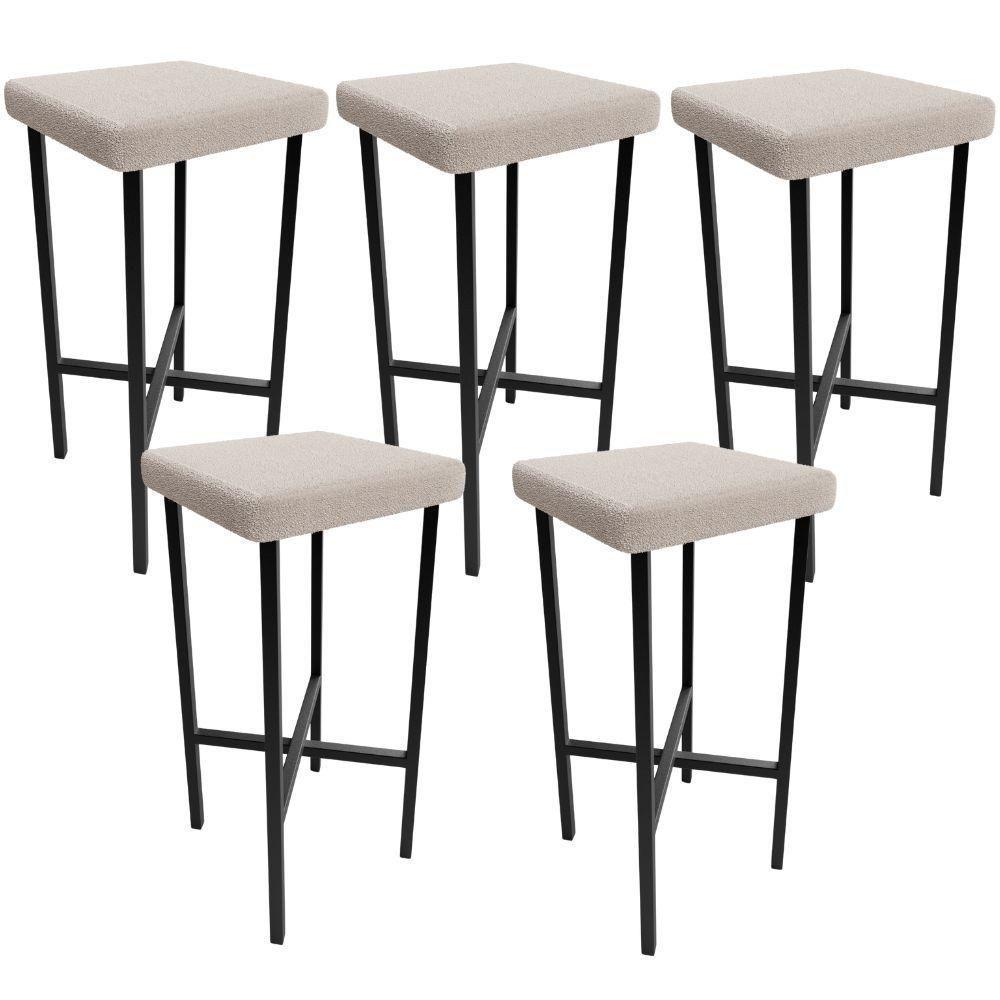 Kit 05 Banquetas Alta Bar Cozinha Sala De Jantar Preto Stella L02 Bouclê Creme - Lyam Decor - 1
