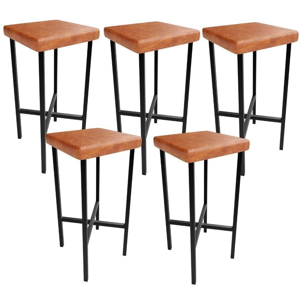 Kit 05 Banquetas Alta Bar Cozinha Sala De Jantar Preto Stella L02 Couríssimo Camel - Lyam Decor - 1