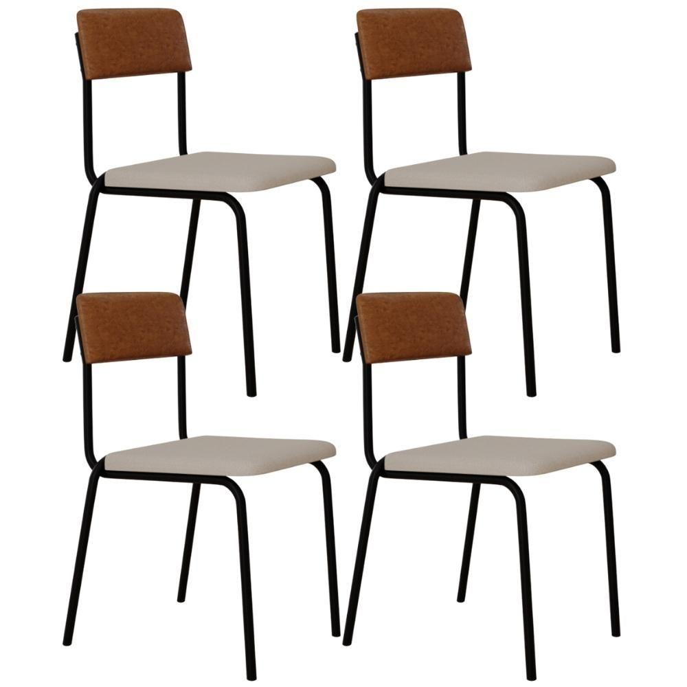 Kit 04 Cadeiras Estofada Para Sala De Jantar Sense Preto C01 Linho Palha Courino Caramelo - Lyam Decor - 1