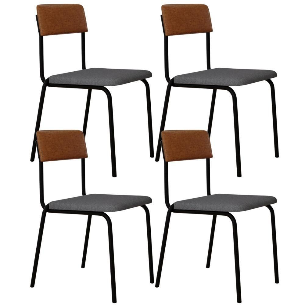 Kit 04 Cadeiras Estofada Para Sala De Jantar Sense Preto C01 Linho Cinza Claro Courino Caramelo - Lyam Decor - 1