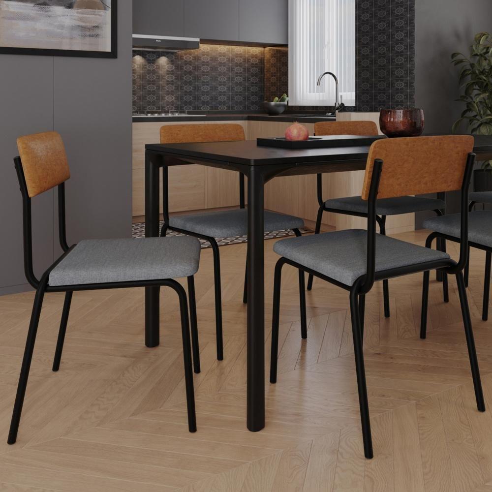 Kit 04 Cadeiras Estofada Para Sala De Jantar Sense Preto C01 Linho Cinza Claro Courino Caramelo - Lyam Decor - 2