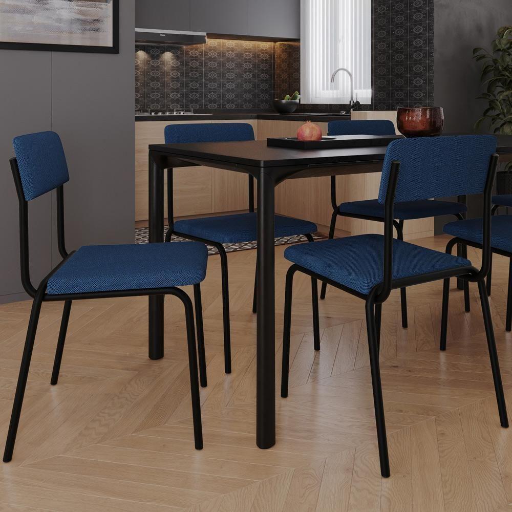 Kit 04 Cadeiras Estofada Para Sala De Jantar Sense Preto C01 Linho Azul - Lyam Decor - 2