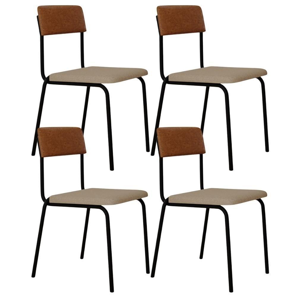 Kit 04 Cadeiras Estofada Para Sala De Jantar Sense Preto C01 Linho Areia Courino Caramelo - Lyam Decor - 1