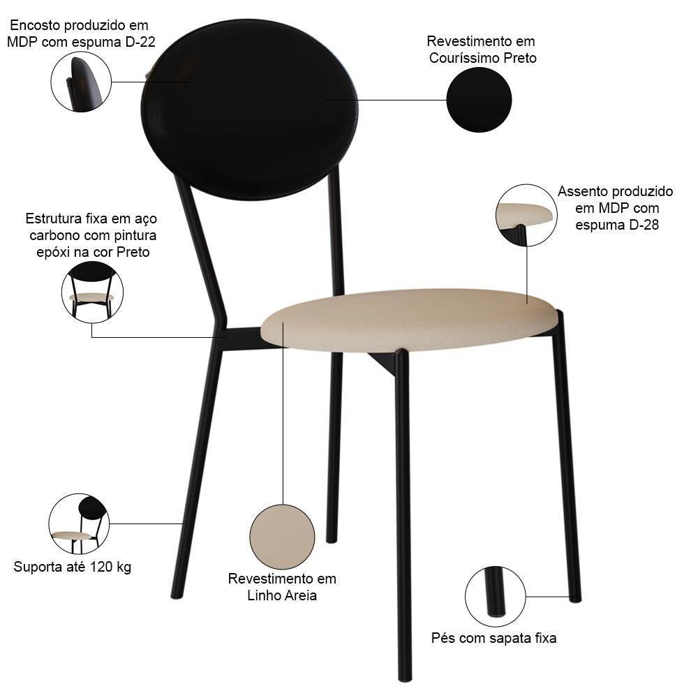 Kit 04 Cadeiras Estofada Para Sala De Jantar Azuri Preto C01 Linho Areia Courino Preto - Lyam Decor - 4