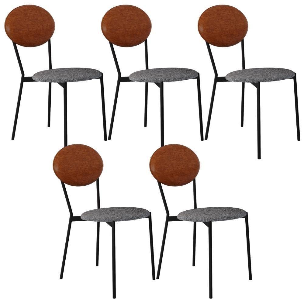 Kit 05 Cadeiras Estofada Para Sala De Jantar Azuri Preto C01 Linho Prata Courino Caramelo - Lyam Decor - 1
