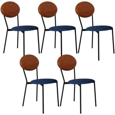 Kit 05 Cadeiras Estofada Para Sala De Jantar Azuri Preto C01 Linho Azul Courino Caramelo - Lyam Decor