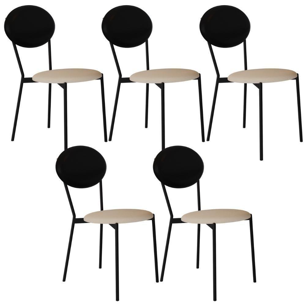 Kit 05 Cadeiras Estofada Para Sala De Jantar Azuri Preto C01 Linho Areia Courino Preto - Lyam Decor - 1