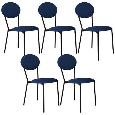 Kit 05 Cadeiras Estofada Para Sala De Jantar Azuri Preto C01 Linho Azul - Lyam Decor