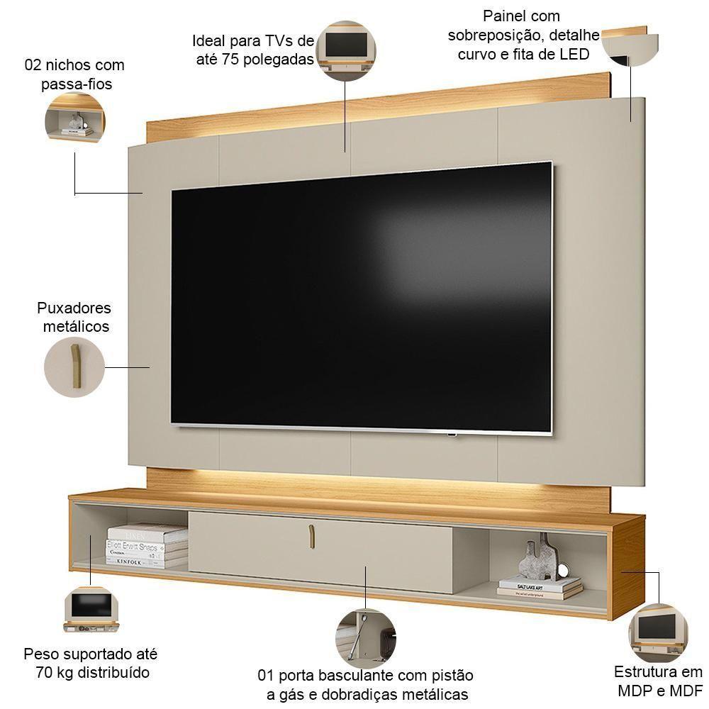 Painel Para Tv 75 Pol Bancada Suspensa 200cm Led Benny L05 Tauari Off White Fosco - Lyam Decor - 4